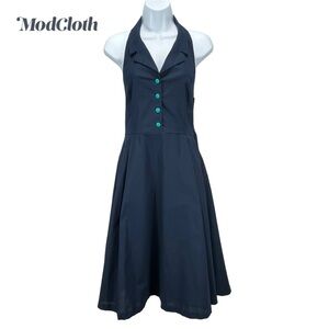 ModCloth Women‎ Medium Blue & Green Halter Fit & Flare Midi Retro Pinup Dress